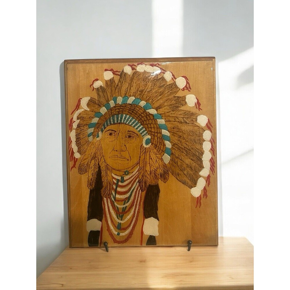 Vtg Native American Wood Burning Painting Head Dress Signed Heavy Lacquer 1991